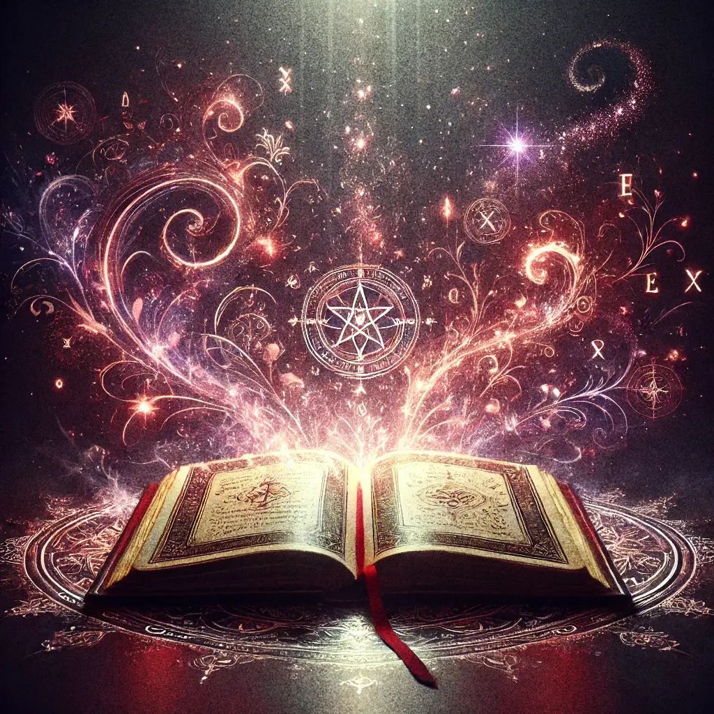 Ancient, open spell book witch energy coming out from pages, book of witchcraft