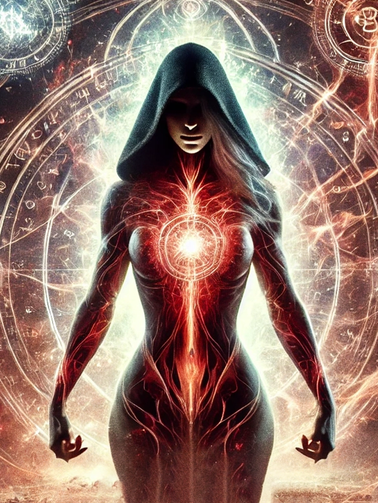 A hooded female sorceress performing a body transformation and energy spell. She stands before a glowing mirror, her reflection shifting between enhanced beauty, muscular strength, and divine energy. Mystical runes float around her, pulsating with power as supernatural energy waves reshape her physical form. The scene radiates confidence, vitality, and mystical transformation