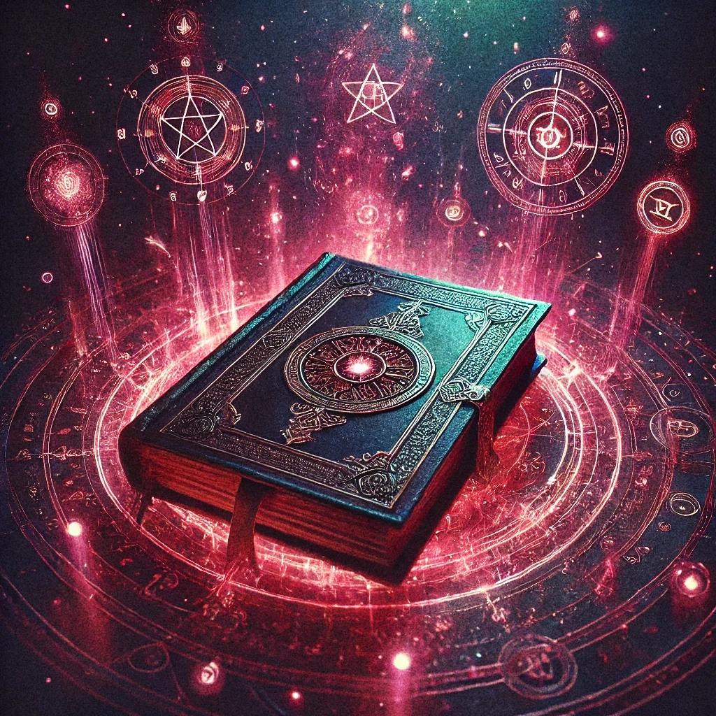 Book of Advanced Magic and Sigils, Dark Magic and Forbidden Spells, an ancient, enchanted spell book floating