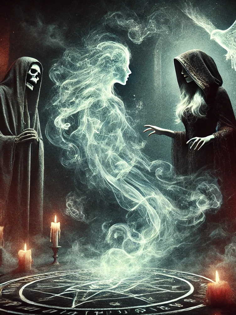 A hooded female sorceress conjuring a spirit in a candle-lit ritual chamber. A translucent ghost emerges from swirling ethereal mist as ancient runes glow on the floor. Shadowy figures watch from the darkness, creating an eerie and powerful atmosphere deeply connected to the spirit realm