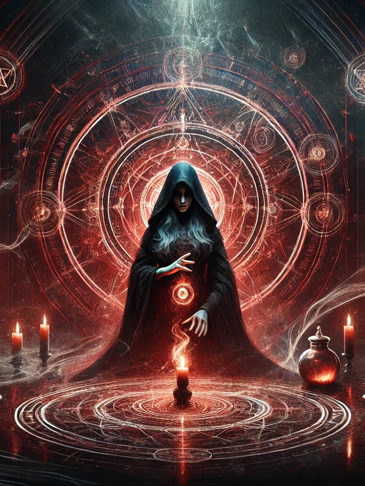 hooded female sorceress performing a custom high-level ritual in a dark chamber, surrounded by glowing red sigils, floating candles, and an arcane portal. The atmosphere is mysterious, powerful, and filled with forbidden magic