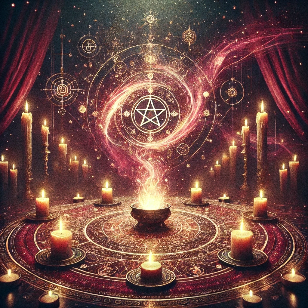 Custom Rituals - Personalized Spiritual Guidance', a ritual circle with glowing candles and pentagram magic symbol