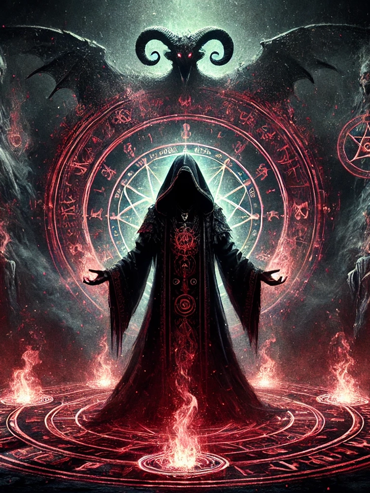 A hooded female sorceress performing a demonic invocation, standing before a glowing red summoning circle with swirling shadowy mist and ancient sigils. Ethereal flames flicker as a powerful demonic entity begins to materialize. The scene is intense, forbidden, and infused with deep occult energy