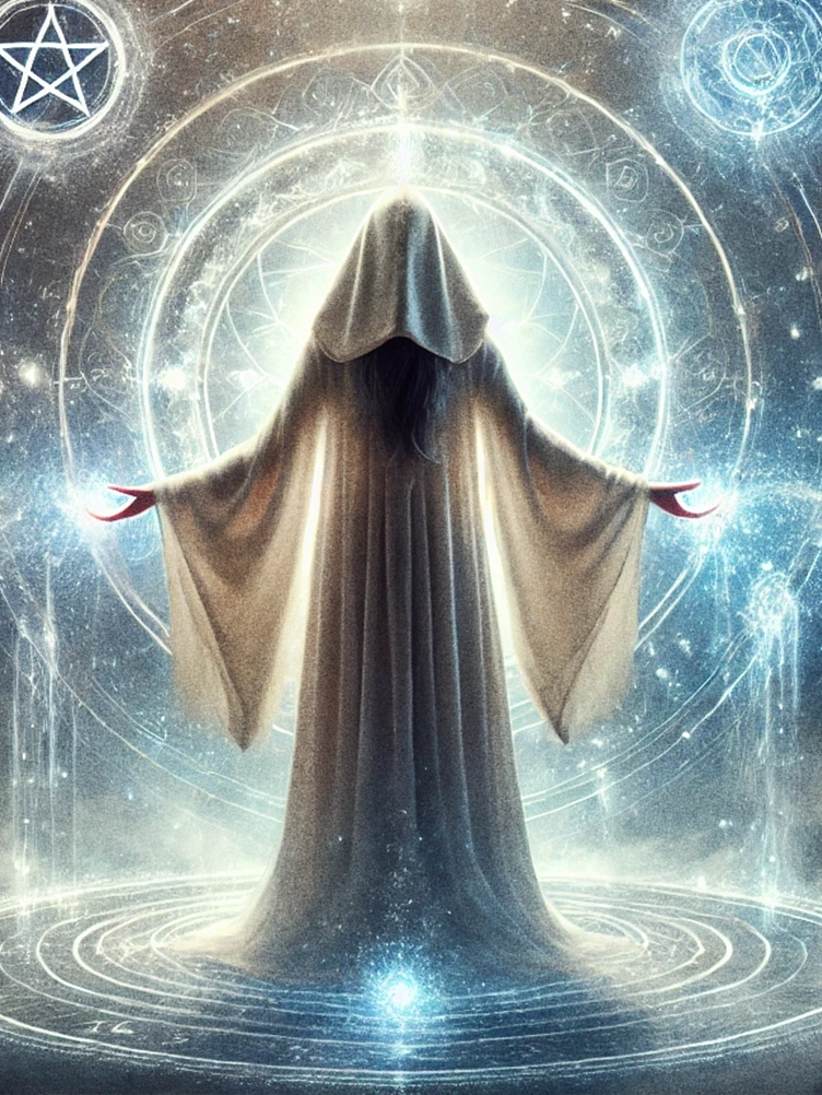 A hooded female sorceress performing an emotional and spiritual cleansing ritual, standing in a glowing circle of ethereal white and blue energy. Floating purifying sigils surround her as streams of divine light dissolve dark energy, bringing peace, renewal, and spiritual healing. Mystical symbols of balance hover around her, radiating a sacred and calming aura