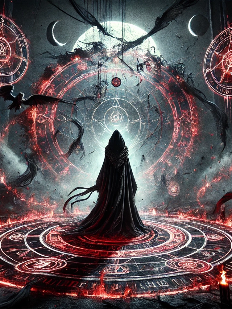 A hooded female sorceress performing an extreme black magic ritual, standing within a massive glowing red spell circle. Cursed sigils float in the air, and shadowy tendrils rise from the ground, radiating ominous, forbidden energy. The atmosphere is dark, intense, and filled with untamed magical power