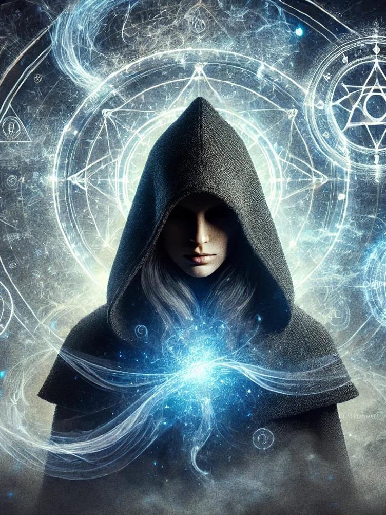 A hooded female sorceress harnessing intelligence, mind, and power spells. She stands before a glowing magical sigil, with ethereal blue and white energy swirling around her head, symbolizing heightened intelligence, wisdom, and supernatural mental abilities. Ancient symbols of knowledge and secret texts float in the air, glowing softly, creating a deep and mysterious aura of enlightenment and mental dominance