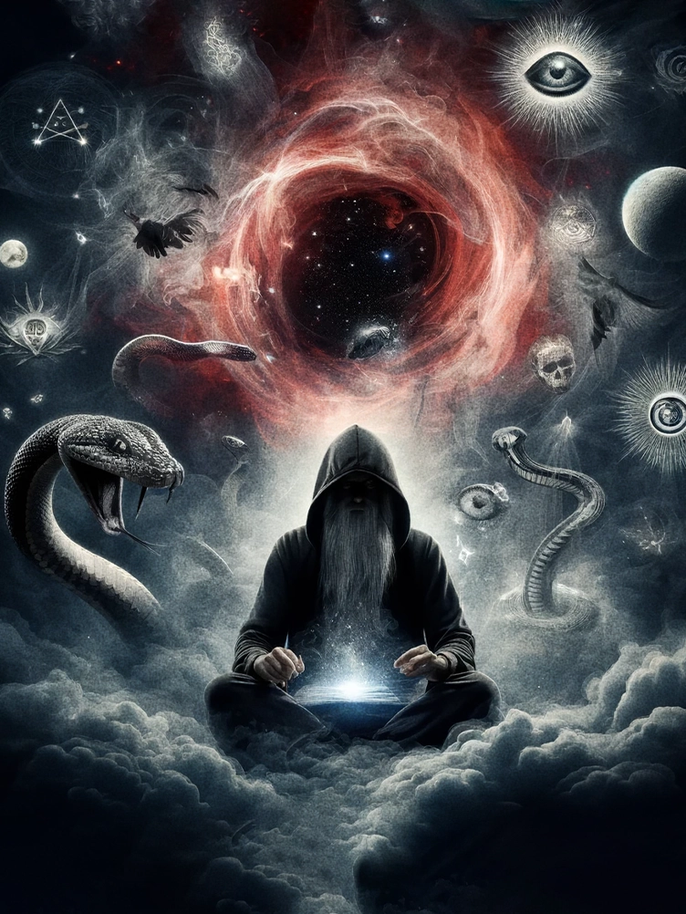 mystical hooded female figure exploring dream interpretations, surrounded by floating dream symbols—snakes, eyes, celestial bodies, and shadowy figures. A glowing portal of swirling mist represents access to the subconscious mind. The atmosphere is deep, surreal, and otherworldly