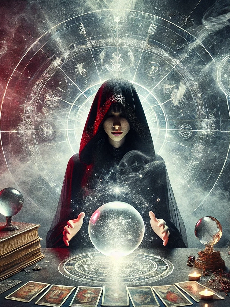 mysterious hooded female psychic performing a tarot reading, surrounded by glowing tarot cards, a radiant crystal ball, and swirling ethereal mist. A deep, mystical atmosphere with red, black, white, and gray tones, evoking powerful divination energy