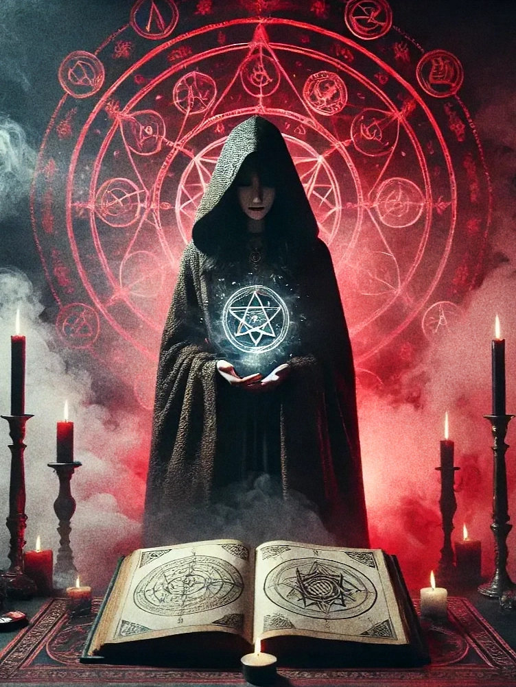 Powerful hooded female spellcaster performing an ancient ritual, surrounded by glowing red sigils, floating candles, and an open spellbook radiating mystical energy, dark, forbidden, and intensely magical