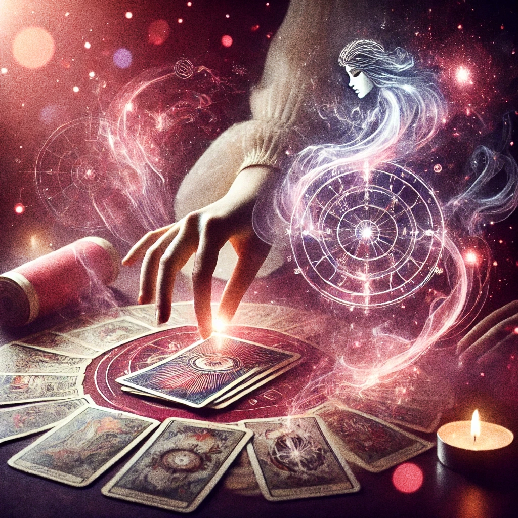 Tarot and Divination, Accurate Tarot Card Readings & Dream Interpretations'. The image should depict a hand drawing a tarot card from a table