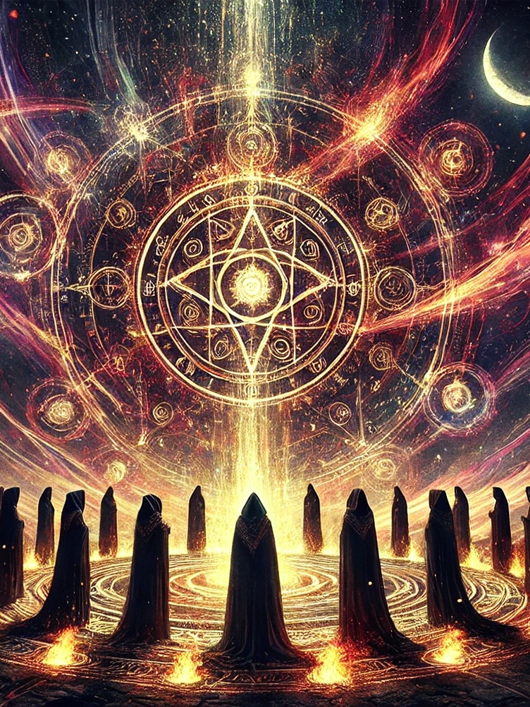 A circle of hooded witches performing a powerful collective ritual, standing around an ancient glowing sigil. Red and golden magical energy flows between them as mystical symbols swirl in the night sky. The atmosphere is intense, sacred, and infused with immense magical power, symbolizing unity, collaboration, and high-energy spellcasting